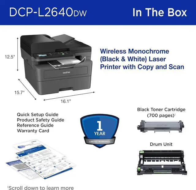 Alt view image 7 of 7 - Brother DCP-L2640DW Wireless Compact Monochrome Multi-Function Laser Printer with Copy and Scan, Duplex, Mobile, Black & White | Includes Refresh Subscription Trial