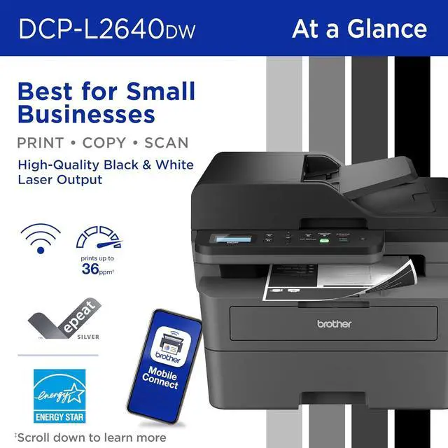 Alt view image 2 of 7 - Brother DCP-L2640DW Wireless Compact Monochrome Multi-Function Laser Printer with Copy and Scan, Duplex, Mobile, Black & White | Includes Refresh Subscription Trial
