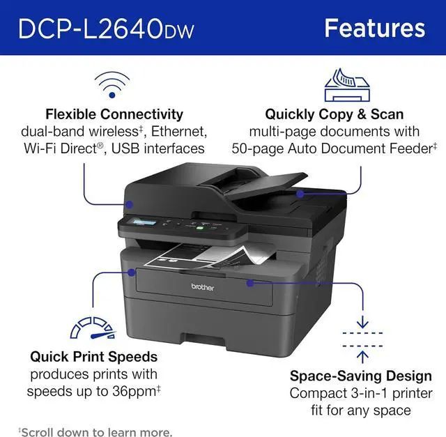 Alt view image 3 of 7 - Brother DCP-L2640DW Wireless Compact Monochrome Multi-Function Laser Printer with Copy and Scan, Duplex, Mobile, Black & White | Includes Refresh Subscription Trial
