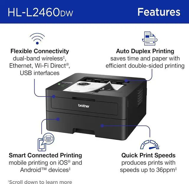 Alt view image 3 of 7 - Brother HL-L2460DW Wireless Compact Monochrome Laser Printer with Duplex, Mobile Printing, Black & White Output | Includes Refresh Subscription Trial, Works with Alexa