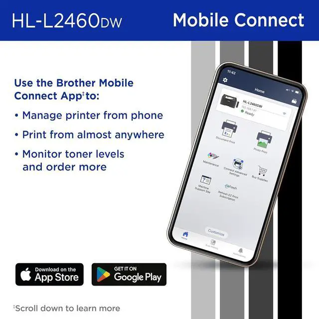 Alt view image 5 of 7 - Brother HL-L2460DW Wireless Compact Monochrome Laser Printer with Duplex, Mobile Printing, Black & White Output | Includes Refresh Subscription Trial, Works with Alexa