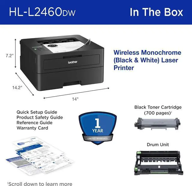 Alt view image 7 of 7 - Brother HL-L2460DW Wireless Compact Monochrome Laser Printer with Duplex, Mobile Printing, Black & White Output | Includes Refresh Subscription Trial, Works with Alexa