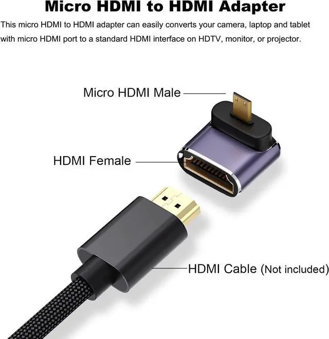 Alt view image 4 of 6 - 8K Micro HDMI to HDMI Adapter (2 Pack), Up and Down 90 Degree Right Angle Micro HDMI Converter Connector for Sony A6000, Raspberry Pi 4, GoPro Hero 7 and Other Sport Camera