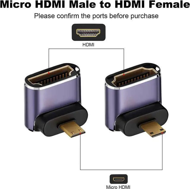Alt view image 2 of 6 - 8K Micro HDMI to HDMI Adapter (2 Pack), Up and Down 90 Degree Right Angle Micro HDMI Converter Connector for Sony A6000, Raspberry Pi 4, GoPro Hero 7 and Other Sport Camera