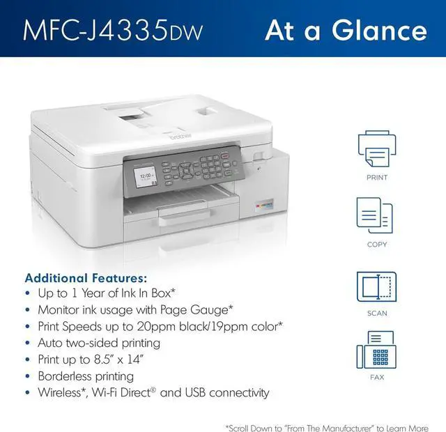 Alt view image 2 of 5 - Brother MFC-J4335DW INKvestment Tank All-in-One Printer with Duplex and Wireless Printing Plus Up to 1-Year of Ink in-Box, Works with Alexa