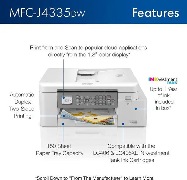 Alt view image 3 of 5 - Brother MFC-J4335DW INKvestment Tank All-in-One Printer with Duplex and Wireless Printing Plus Up to 1-Year of Ink in-Box, Works with Alexa