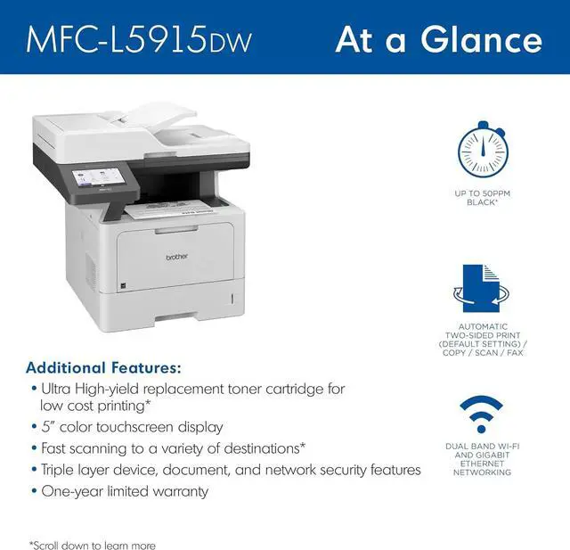 Alt view image 3 of 4 - Brother Monochrome Laser Printer, Multifunction All-in-One Printer, MFC-L5915DW, Wireless Networking, Mobile Printing & Scanning, Duplex Print, Copy & Scan, Works with Alexa