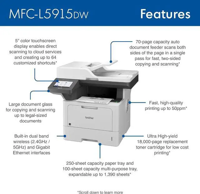 Alt view image 2 of 4 - Brother Monochrome Laser Printer, Multifunction All-in-One Printer, MFC-L5915DW, Wireless Networking, Mobile Printing & Scanning, Duplex Print, Copy & Scan, Works with Alexa