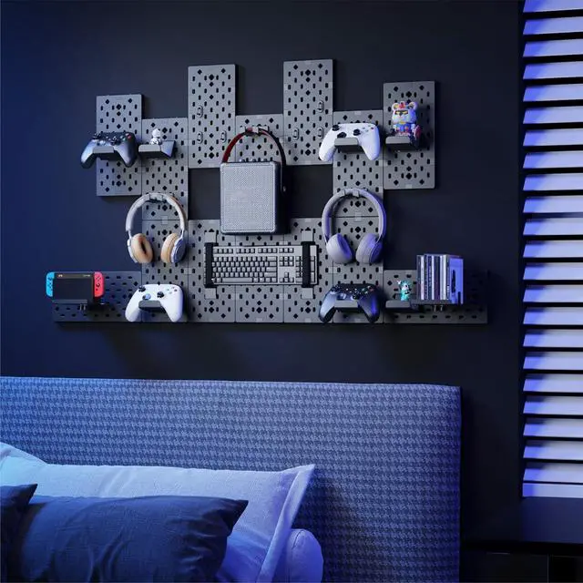 Alt view image 3 of 7 - Controller and Headphone Holder Wall Mount, Modular Gaming Pegboard with Accessories, Controller Stand for Xbox PS5 PS4 Switch, Video Game Storage, Disc Shelf Organizer, 14pcs Pegboard, Black