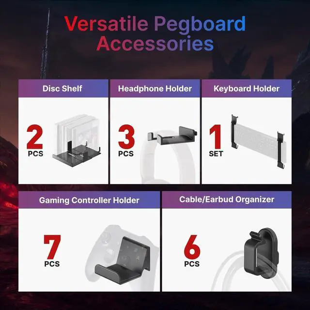 Alt view image 3 of 7 - Controller and Headphone Holder Wall Mount, Modular Gaming Pegboard with Accessories, Controller Stand for Xbox PS5 PS4 Switch, Video Game Storage, Disc Shelf Organizer, 14pcs Pegboard, Black/Red