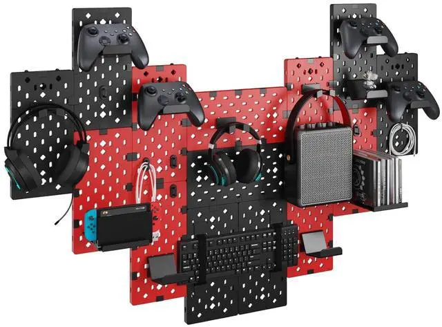 Main image of Controller and Headphone Holder Wall Mount, Modular Gaming Pegboard with Accessories, Controller Stand for Xbox PS5 PS4 Switch, Video Game Storage, Disc Shelf Organizer, 14pcs Pegboard, Black/Red