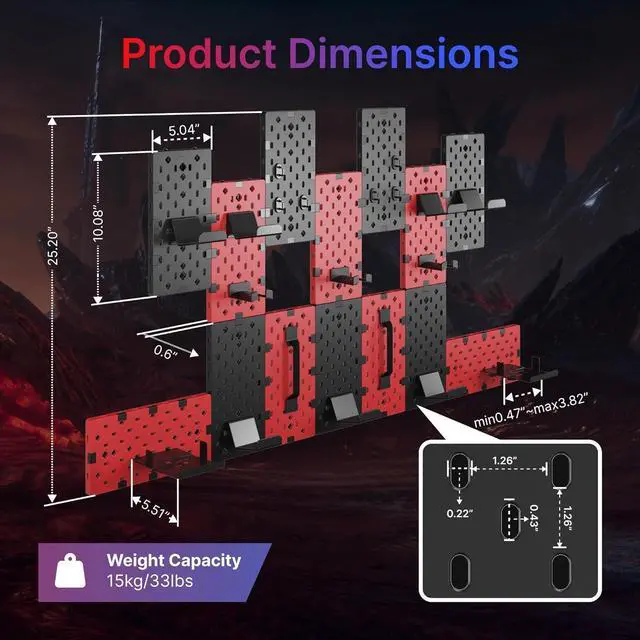 Alt view image 5 of 7 - Controller and Headphone Holder Wall Mount, Modular Gaming Pegboard with Accessories, Controller Stand for Xbox PS5 PS4 Switch, Video Game Storage, Disc Shelf Organizer, 14pcs Pegboard, Black/Red
