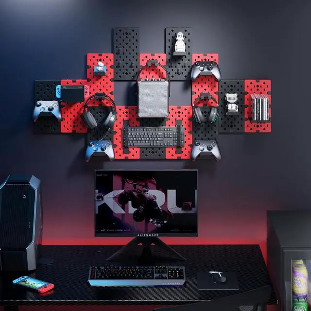Alt view image 6 of 7 - Controller and Headphone Holder Wall Mount, Modular Gaming Pegboard with Accessories, Controller Stand for Xbox PS5 PS4 Switch, Video Game Storage, Disc Shelf Organizer, 14pcs Pegboard, Black/Red