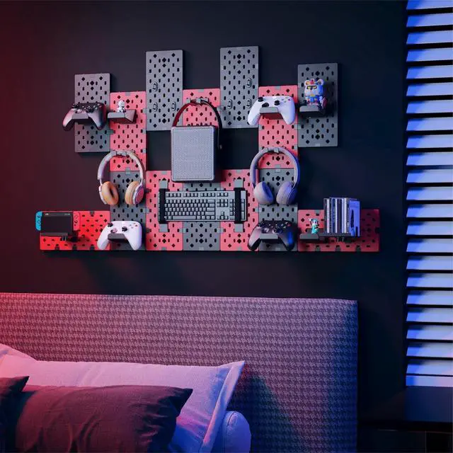 Alt view image 7 of 7 - Controller and Headphone Holder Wall Mount, Modular Gaming Pegboard with Accessories, Controller Stand for Xbox PS5 PS4 Switch, Video Game Storage, Disc Shelf Organizer, 14pcs Pegboard, Black/Red