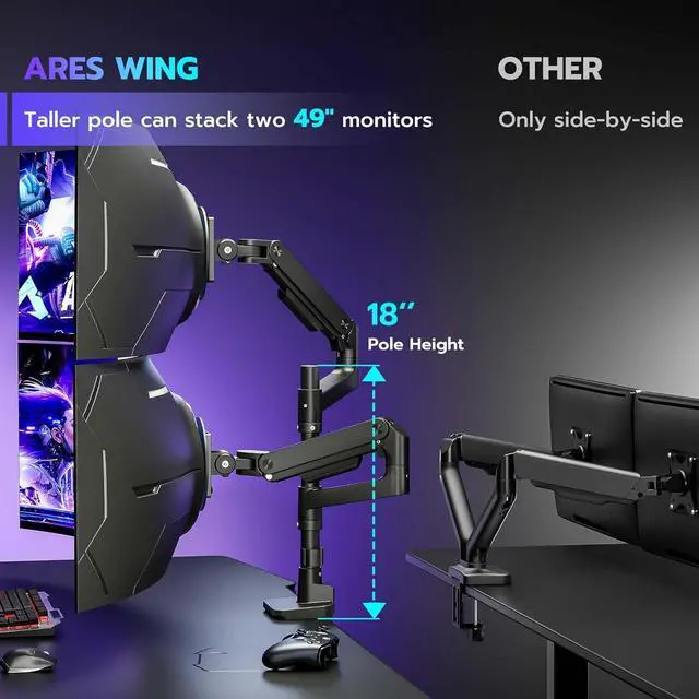 Alt view image 3 of 7 - Dual Monitor Arm Desk Mount for 17-49 Inch Ultrawide Monitors, Heavy Duty Dual Monitor Mount Holds 44 lbs, Full Motion Gas Spring Vertical Stacked Monitor Mount, 75/100 VESA Mount, Black
