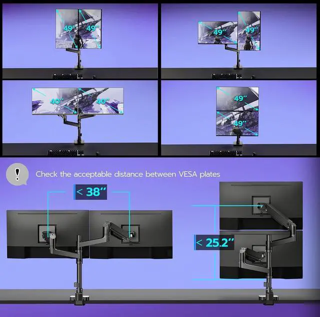 Alt view image 2 of 7 - Dual Monitor Arm Desk Mount for 17-49 Inch Ultrawide Monitors, Heavy Duty Dual Monitor Mount Holds 44 lbs, Full Motion Gas Spring Vertical Stacked Monitor Mount, 75/100 VESA Mount, Black