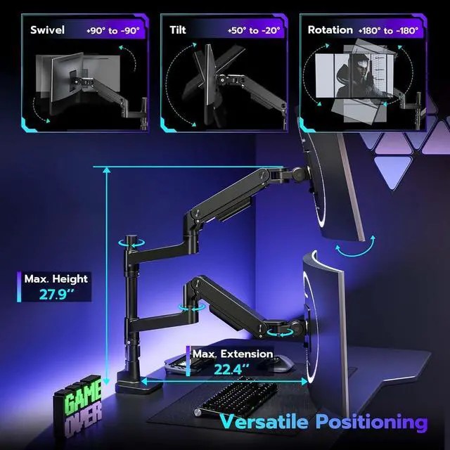 Alt view image 4 of 7 - Dual Monitor Arm Desk Mount for 17-49 Inch Ultrawide Monitors, Heavy Duty Dual Monitor Mount Holds 44 lbs, Full Motion Gas Spring Vertical Stacked Monitor Mount, 75/100 VESA Mount, Black