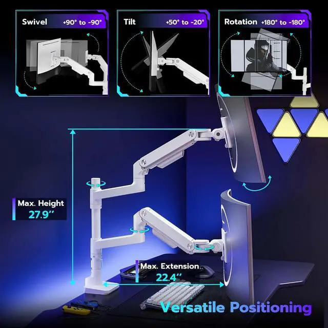 Alt view image 5 of 7 - Dual Monitor Arm Desk Mount for 17-49 Inch Ultrawide Monitors, Heavy Duty Dual Monitor Mount Holds 44 lbs, Full Motion Gas Spring Vertical Stacked Monitor Mount, 75/100 VESA Mount, White