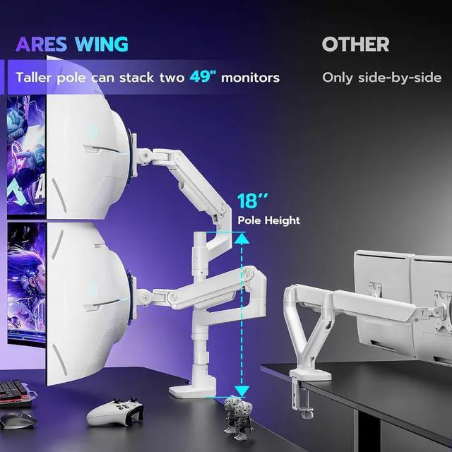 Alt view image 3 of 7 - Dual Monitor Arm Desk Mount for 17-49 Inch Ultrawide Monitors, Heavy Duty Dual Monitor Mount Holds 44 lbs, Full Motion Gas Spring Vertical Stacked Monitor Mount, 75/100 VESA Mount, White