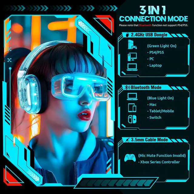 Alt view image 6 of 7 - Wireless Gaming Headset for PS5, PS4, PC, Switch, Mac, 2.4GHz USB Over Ear Gaming Headphones with Crystal RGB Lights, Bluetooth 5.3, Noise Isolating Microphone, 3.5mm Wired for Controller
