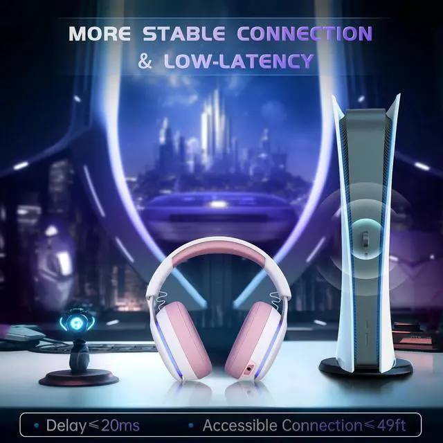 Alt view image 2 of 6 - 2.4GHz Wireless Gaming Headset for PS5, PS4 Fortnite & FPS Gamers, PC, Nintendo Switch, Bluetooth 5.3 Gaming Headphones with Noise Canceling Mic, Stereo Sound, 40+Hr Battery (Pink)