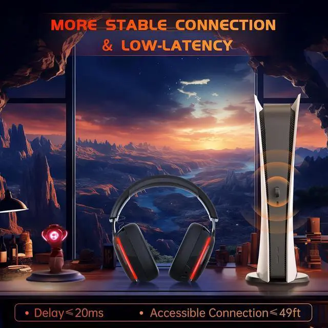 Alt view image 2 of 6 - 2.4GHz Wireless Gaming Headset for PS5, PS4 Fortnite & Call of Duty/FPS Gamers, PC, Nintendo Switch, Gaming Headphones with Mic, Bluetooth 5.3 Gaming Headset, Stereo Sound, Red Light -BlackRed