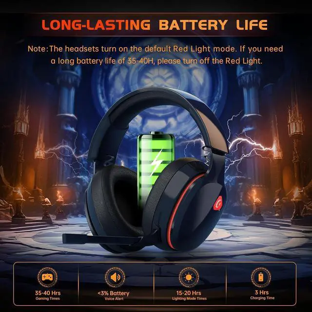 Alt view image 5 of 6 - 2.4GHz Wireless Gaming Headset for PS5, PS4 Fortnite & Call of Duty/FPS Gamers, PC, Nintendo Switch, Gaming Headphones with Mic, Bluetooth 5.3 Gaming Headset, Stereo Sound, Red Light -BlackRed