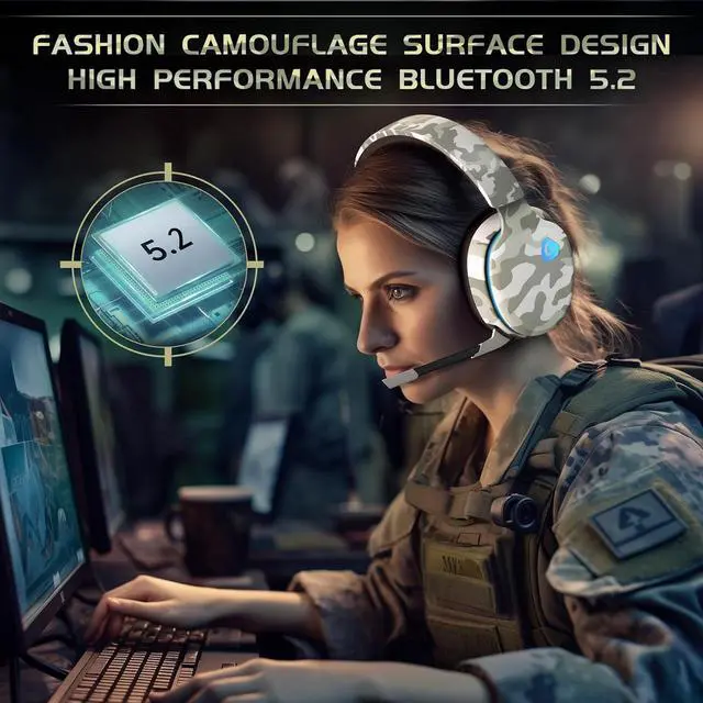 Alt view image 5 of 7 - 2.4GHz Wireless Gaming Headset for PS5, PS4 Fortnite & Call of Duty/FPS Gamers, PC, Nintendo Switch, Bluetooth 5.3 Gaming Headphones with Microphone for Computer, Mobile, Stereo Sound (Camo)