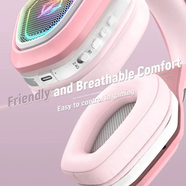 Alt view image 4 of 6 - 2.4GHz Gaming Headset Wireless with Flip Mic for Ps5, Ps4, PC, Gaming Headphones with USB-A & USB-C Transmitter, 40Hr Battery Bluetooth Headset for Laptop, Mobile, Mac, Pink
