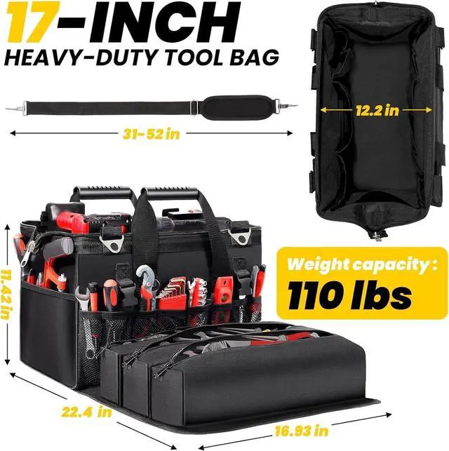 Alt view image 2 of 7 - Heavy Duty Tool Bag 17-Inch, 27-Pocket Tool Tote with Tool Roll Bag & Adjustable Shoulder Strap, Large Portable Tool Bags Organizer and Storage for Men Women, Birthday Father's Day Gifts for Dad,Green