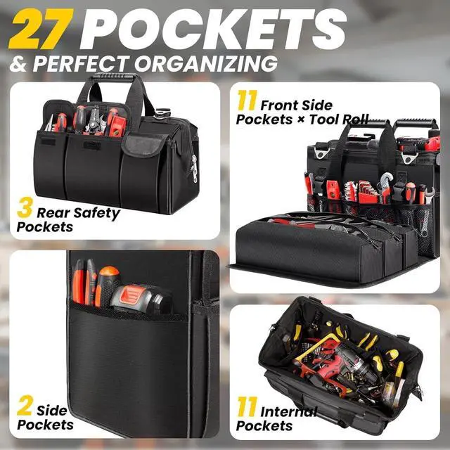 Alt view image 3 of 7 - Heavy Duty Tool Bag 17-Inch, 27-Pocket Tool Tote with Tool Roll Bag & Adjustable Shoulder Strap, Large Portable Tool Bags Organizer and Storage for Men Women, Birthday Father's Day Gifts for Dad,Green