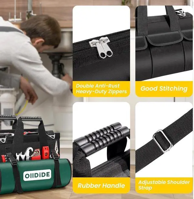 Alt view image 5 of 7 - Heavy Duty Tool Bag 17-Inch, 27-Pocket Tool Tote with Tool Roll Bag & Adjustable Shoulder Strap, Large Portable Tool Bags Organizer and Storage for Men Women, Birthday Father's Day Gifts for Dad,Green