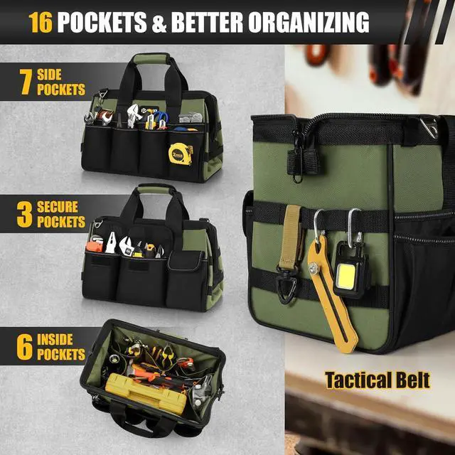 Alt view image 3 of 7 - Heavy Duty Tool Bag 15-Inch, 16-Pocket Portable Empty Tool Box Organizer Storage, Toolbox Organization, Soft Handle Carrying Toolbag with Large Zipper, Father Day Dad Men Mechanic Birthday Gift