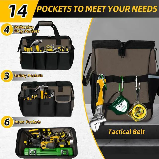 Alt view image 4 of 7 - Tool Bag, Portable Tool Box Organizer Adjustable Shoulder Strap, Carry Tool Tote Heavy Duty Tool Storage Bag With Wide Mouth,Tool Bags for Men Mechanic EngineerGift - L, Coffee & Black