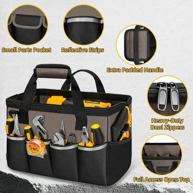 Alt view image 3 of 7 - Tool Bag, Portable Tool Box Organizer Adjustable Shoulder Strap, Carry Tool Tote Heavy Duty Tool Storage Bag With Wide Mouth,Tool Bags for Men Mechanic EngineerGift - L, Coffee & Black