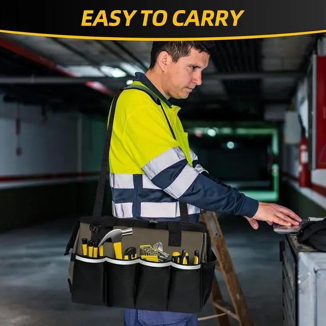 Alt view image 7 of 7 - Tool Bag, Portable Tool Box Organizer Adjustable Shoulder Strap, Carry Tool Tote Heavy Duty Tool Storage Bag With Wide Mouth,Tool Bags for Men Mechanic EngineerGift - L, Coffee & Black