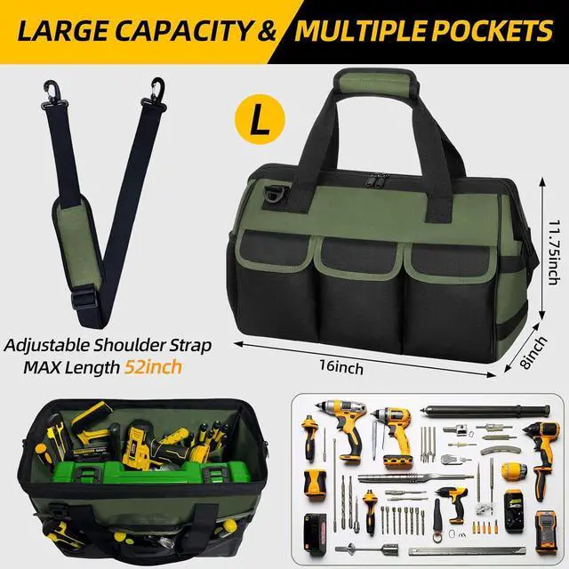 Alt view image 2 of 7 - Tool Bag, Portable Tool Box Organizer Adjustable Shoulder Strap, Carry Tool Tote Heavy Duty Tool Storage Bag With Wide Mouth,Tool Bags for Men Mechanic EngineerGift - L, Army Green & Black