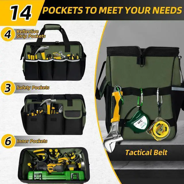 Alt view image 4 of 7 - Tool Bag, Portable Tool Box Organizer Adjustable Shoulder Strap, Carry Tool Tote Heavy Duty Tool Storage Bag With Wide Mouth,Tool Bags for Men Mechanic EngineerGift - L, Army Green & Black