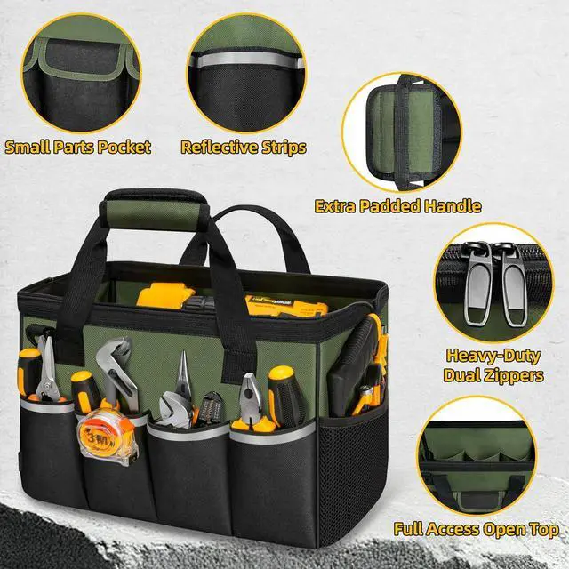 Alt view image 3 of 7 - Tool Bag, Portable Tool Box Organizer Adjustable Shoulder Strap, Carry Tool Tote Heavy Duty Tool Storage Bag With Wide Mouth,Tool Bags for Men Mechanic EngineerGift - L, Army Green & Black