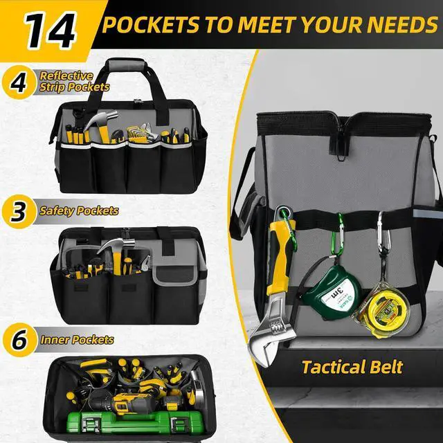 Alt view image 4 of 7 - Tool Bag, Portable Tool Box Organizer Adjustable Shoulder Strap, Carry Tool Tote Heavy Duty Tool Storage Bag With Wide Mouth,Tool Bags for Men Mechanic EngineerGift - L,Black/Grey