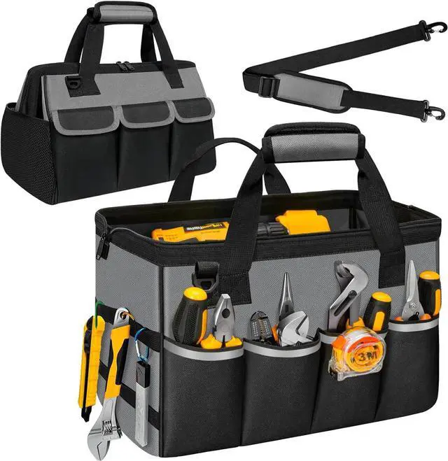 Main image of Tool Bag, Portable Tool Box Organizer Adjustable Shoulder Strap, Carry Tool Tote Heavy Duty Tool Storage Bag With Wide Mouth,Tool Bags for Men Mechanic EngineerGift - L,Black/Grey