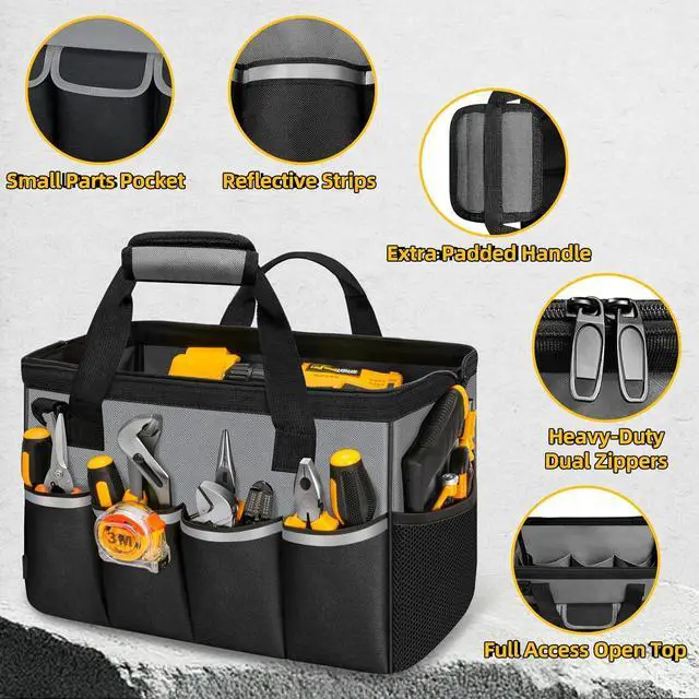 Alt view image 3 of 7 - Tool Bag, Portable Tool Box Organizer Adjustable Shoulder Strap, Carry Tool Tote Heavy Duty Tool Storage Bag With Wide Mouth,Tool Bags for Men Mechanic EngineerGift - L,Black/Grey