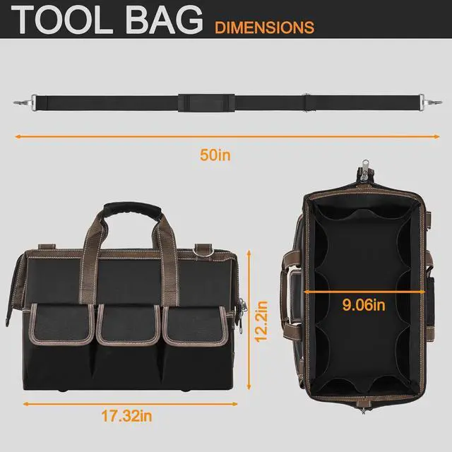 Alt view image 5 of 6 - Heavy Duty Tool Bag 17-Inch, 16-Pocket Portable Empty Tool Box Organizer Storage, Wide-Mouth Large Zipper Toolbag with Adjustable Shoulder Strap, HVAC Tool Bag,Father Day Men Mechanic Birthday Gift