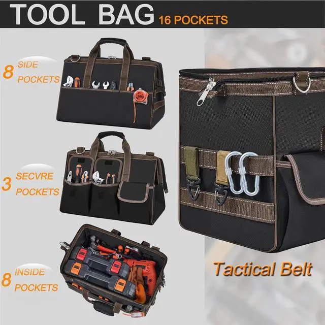 Alt view image 2 of 6 - Heavy Duty Tool Bag 17-Inch, 16-Pocket Portable Empty Tool Box Organizer Storage, Wide-Mouth Large Zipper Toolbag with Adjustable Shoulder Strap, HVAC Tool Bag,Father Day Men Mechanic Birthday Gift