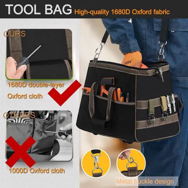 Alt view image 4 of 6 - Heavy Duty Tool Bag 17-Inch, 16-Pocket Portable Empty Tool Box Organizer Storage, Wide-Mouth Large Zipper Toolbag with Adjustable Shoulder Strap, HVAC Tool Bag,Father Day Men Mechanic Birthday Gift