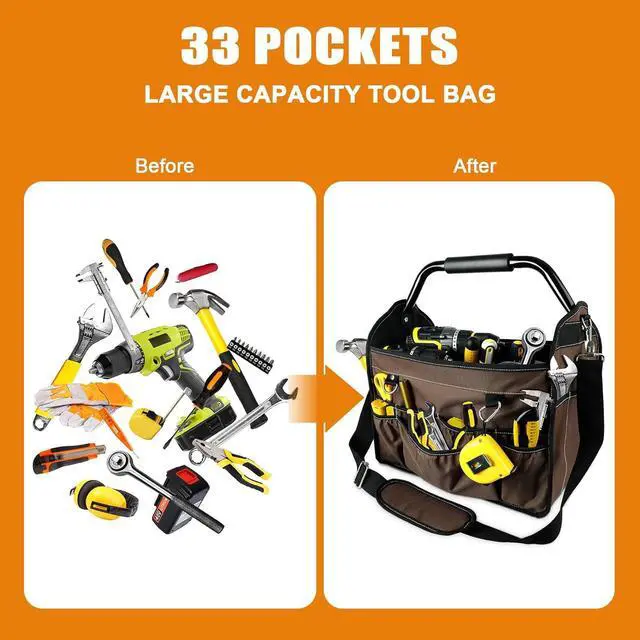 Alt view image 2 of 7 - 15-Inch Open Top Tool Bag, Electrician Tool Bag, Tool Tote Bag Organizer for Easy Tool Access, 33 Pockets Foldable Tool Carrier with Rotating Steel Handle and Removable Shoulder Strap
