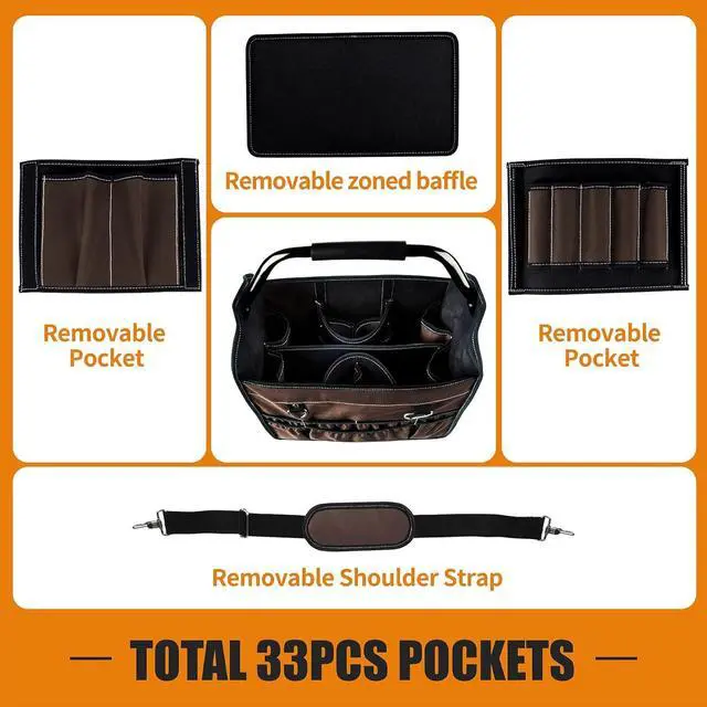 Alt view image 4 of 7 - 15-Inch Open Top Tool Bag, Electrician Tool Bag, Tool Tote Bag Organizer for Easy Tool Access, 33 Pockets Foldable Tool Carrier with Rotating Steel Handle and Removable Shoulder Strap