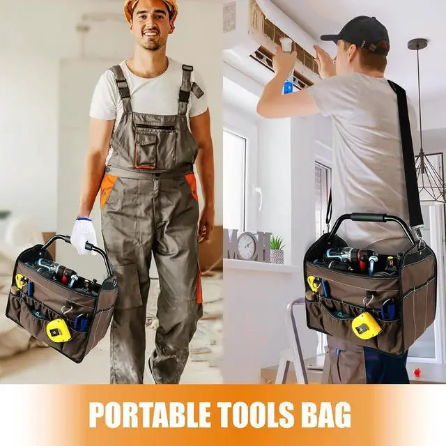 Alt view image 6 of 7 - 15-Inch Open Top Tool Bag, Electrician Tool Bag, Tool Tote Bag Organizer for Easy Tool Access, 33 Pockets Foldable Tool Carrier with Rotating Steel Handle and Removable Shoulder Strap