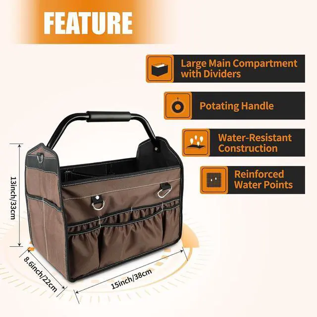 Alt view image 7 of 7 - 15-Inch Open Top Tool Bag, Electrician Tool Bag, Tool Tote Bag Organizer for Easy Tool Access, 33 Pockets Foldable Tool Carrier with Rotating Steel Handle and Removable Shoulder Strap