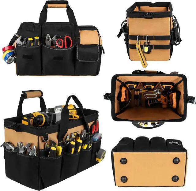Alt view image 7 of 7 - Tool Bag,16-Inch Heavy Duty Tool Bags for Men,27 Pockets Tool Box Organizer Storage,Wide Mouth Toolbag Tools Tote Carrying Case for Dad,Mechanic,Electrician,Black+Brown,Bag Only